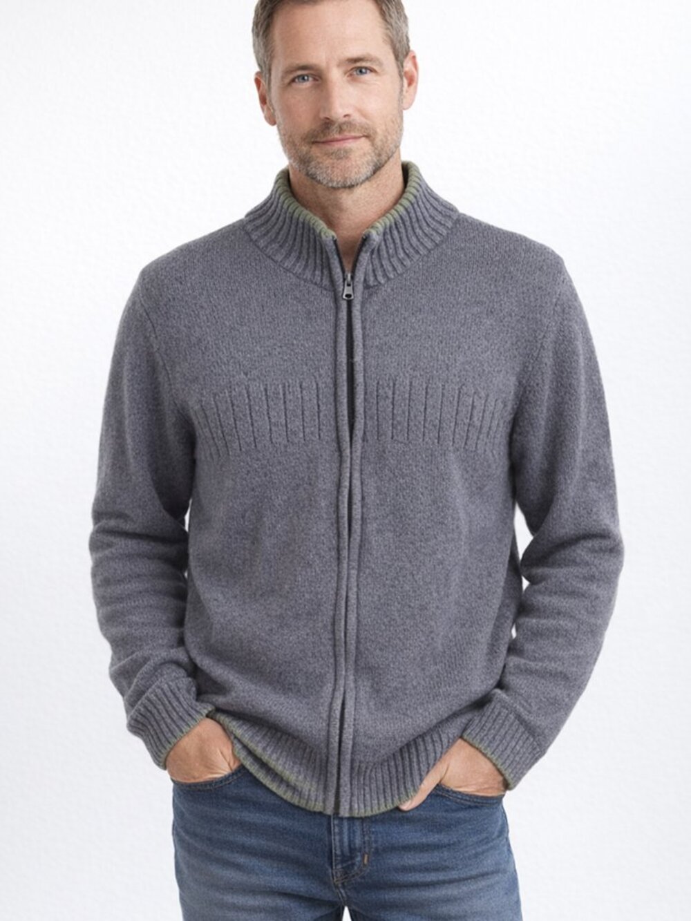 Columbia Men's Gray Full-Zip Sweater with Olive Trim